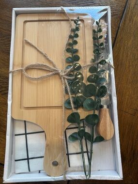 Bamboo Cheese Board Set with Knife and Greenery